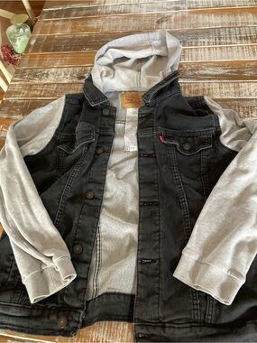 Levi's Black Denim Jacket with Gray Hoodie Sleeves - Kids